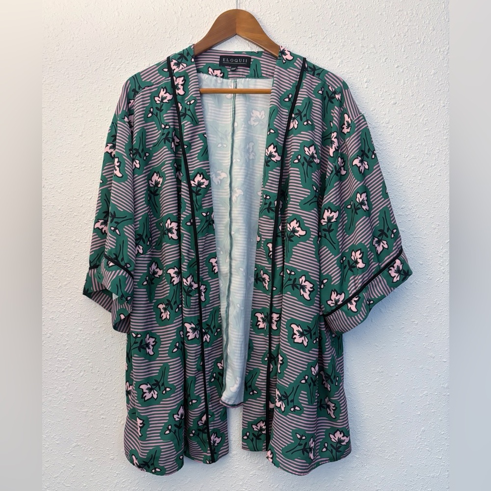 Eloquii Floral Print Kimono Size 22/24 Pink & Green
